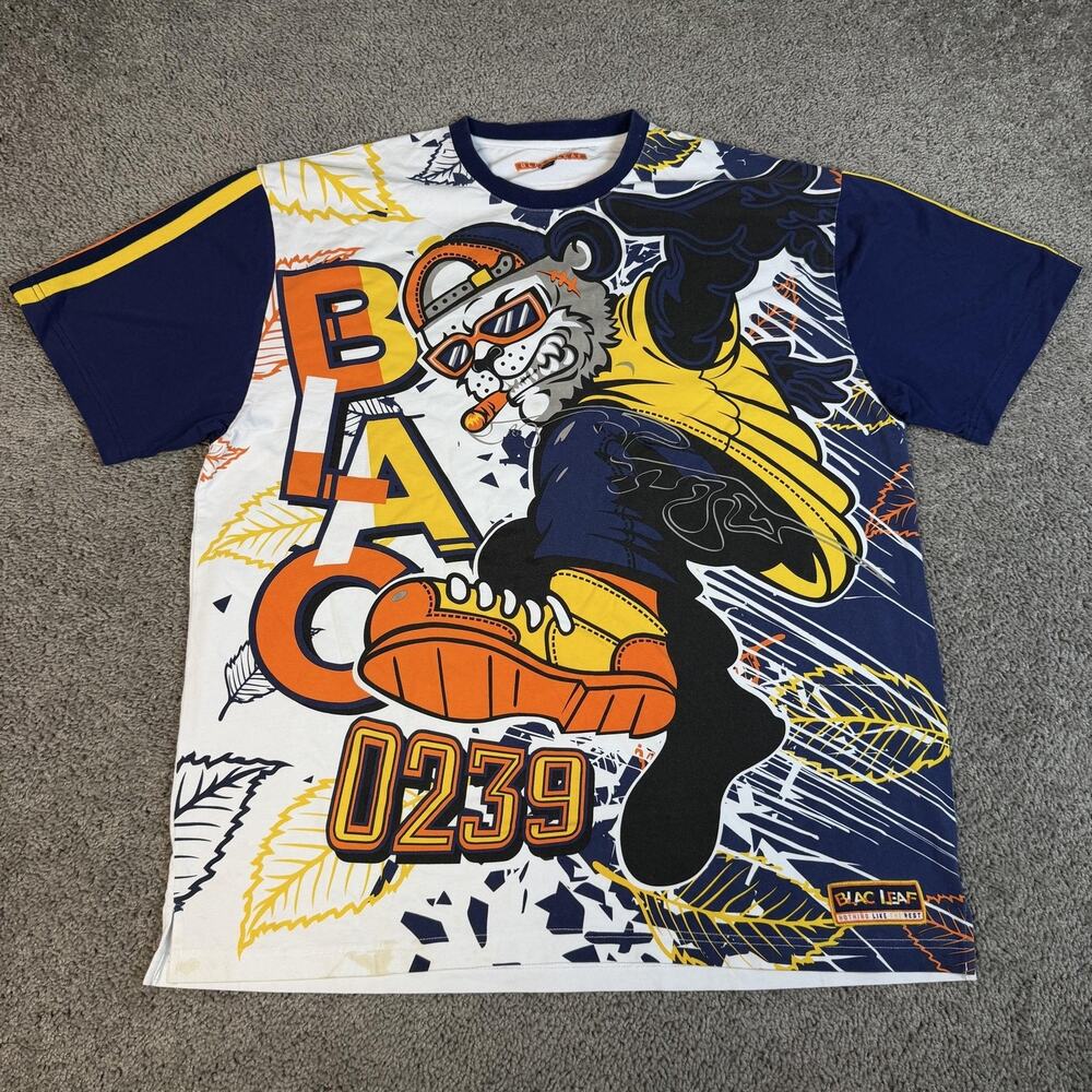 BLAC LEAF Shirt Mens 2XL White Ringer Graphic Skater Tiger 0239 Bold Print